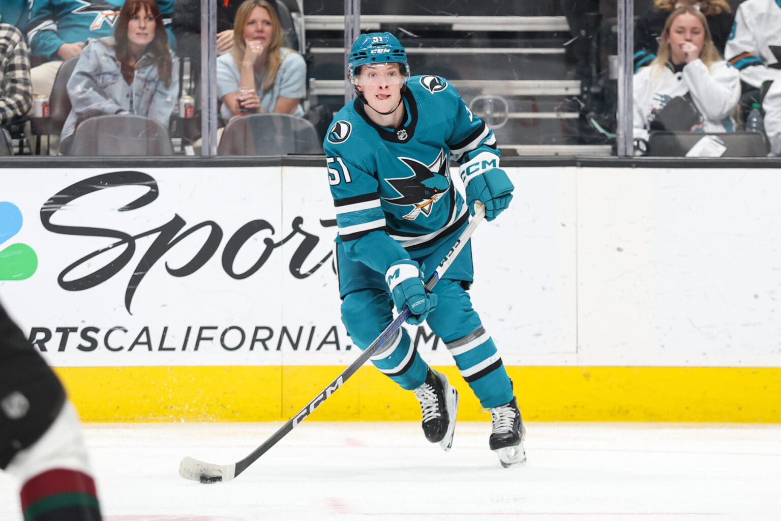 SAN JOSE, CA - APRIL 7: Collin Graf #51 of the San Jose Sharks with the puck during the second period against the Arizona Coyotes at SAP Center on April 7, 2024 in San Jose, California. (Photo by Panayiota Good/NHLI via Getty Images)