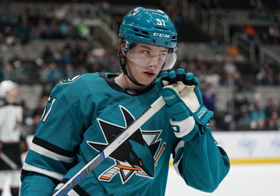 SAN JOSE, CA - APRIL 7:  against the Arizona Coyotes at SAP Center on April 7, 2024 in San Jose, California. (Photo by Kavin Mistry/NHLI via Getty Images)