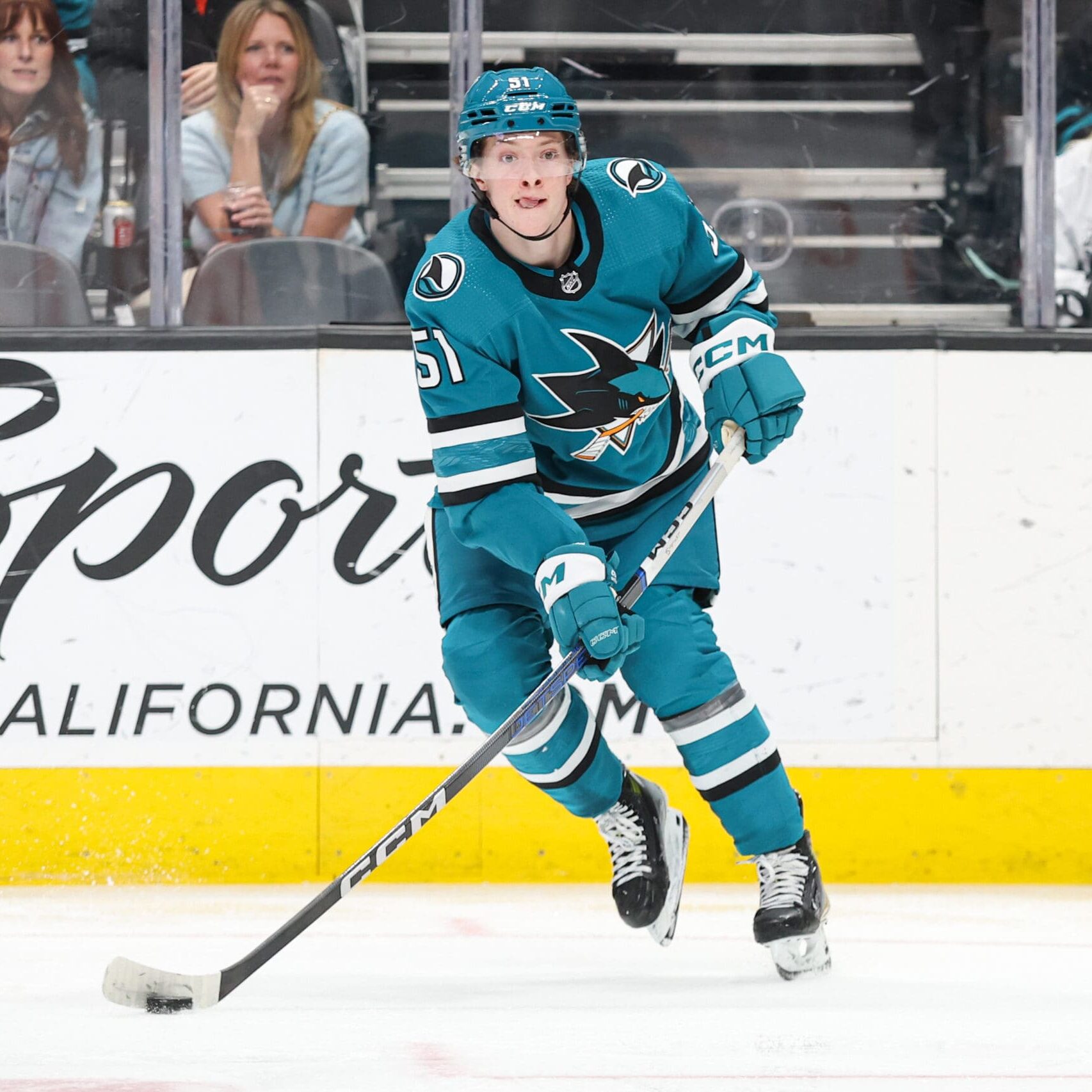 SAN JOSE, CA - APRIL 7: Collin Graf #51 of the San Jose Sharks with the puck during the second period against the Arizona Coyotes at SAP Center on April 7, 2024 in San Jose, California. (Photo by Panayiota Good/NHLI via Getty Images)