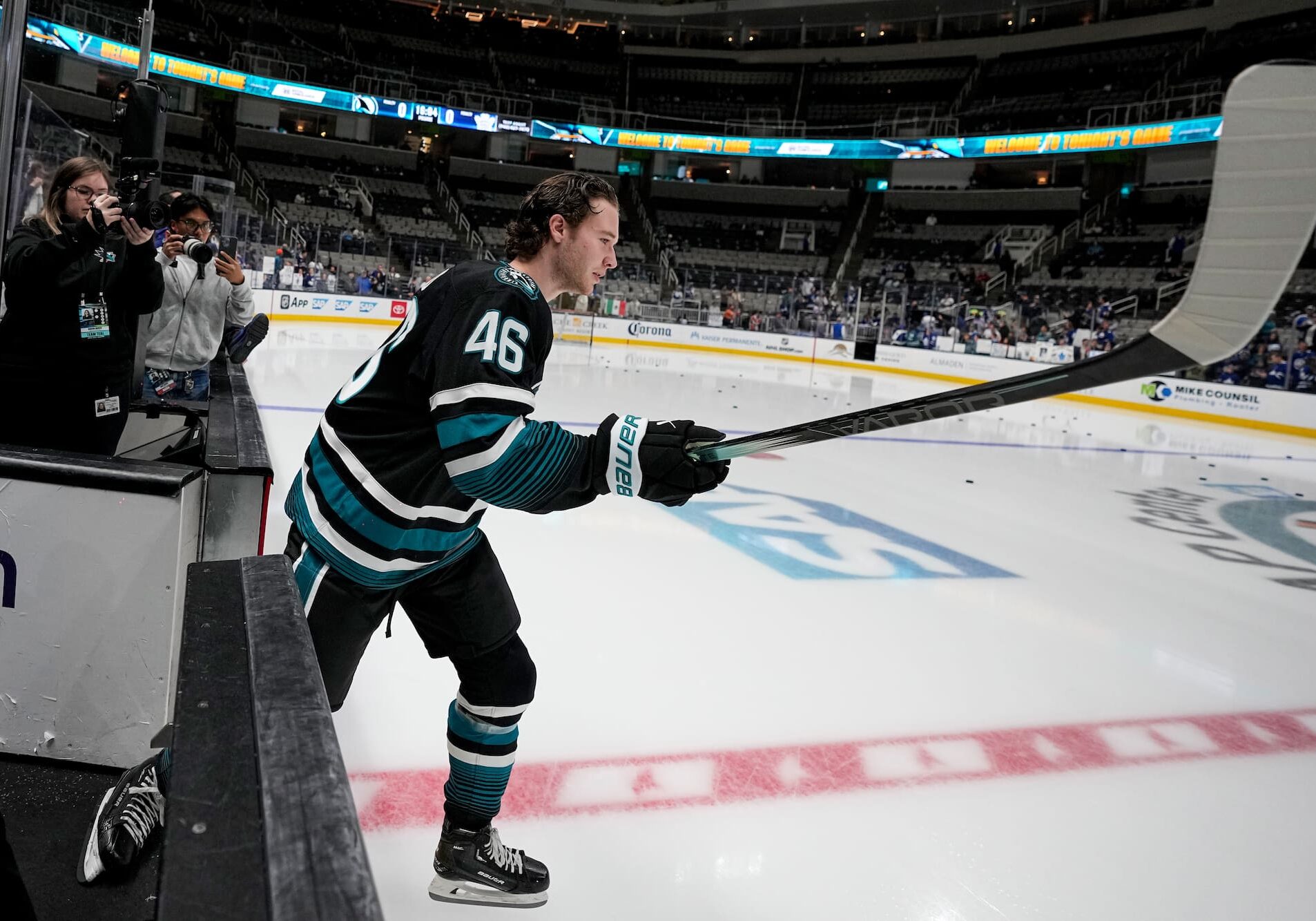 SAN JOSE, CA - MARCH 27: Cam Lund #46 of the San Jose Sharks skates during warmups before the game against the Toronto Maple Leafs at SAP Center on March 27, 2025 in San Jose, California. (Photo by Kavin Mistry/NHLI via Getty Images)